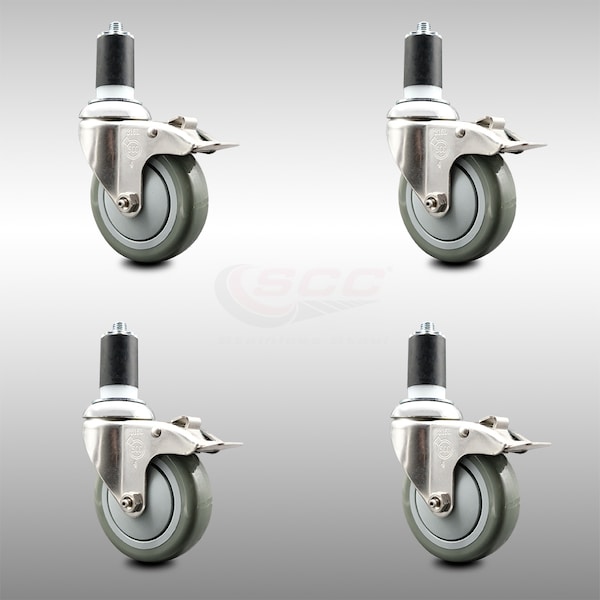 Service Caster 4 Inch 316SS Gray Poly Swivel 1-5/8 Inch Expanding Stem Caster Set Lock Brake SCC-SS316TTLEX20S414-PPUB-158-4 - main